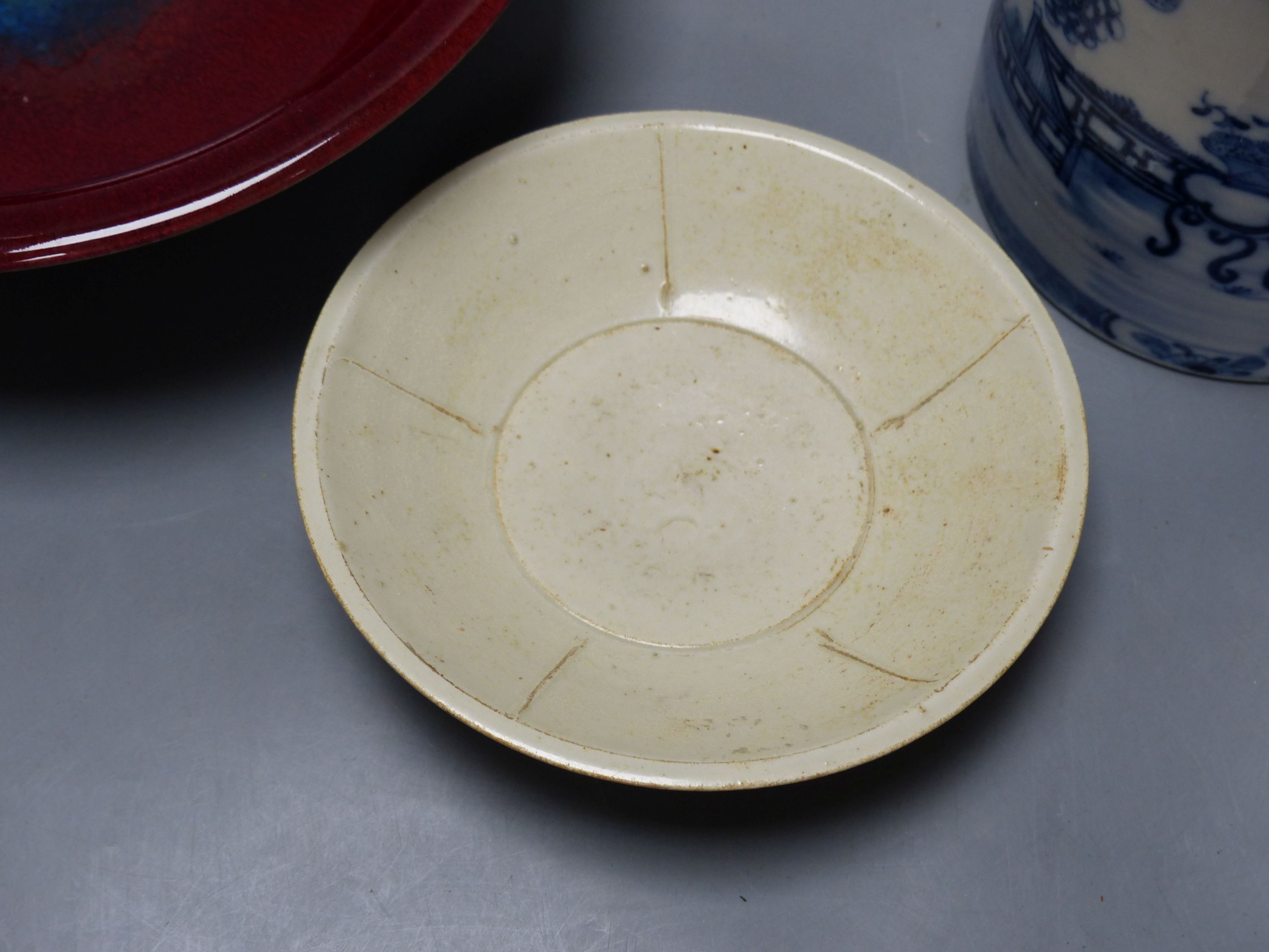 A Chinese blue and white mug, height 13cm, a bowl and a dish